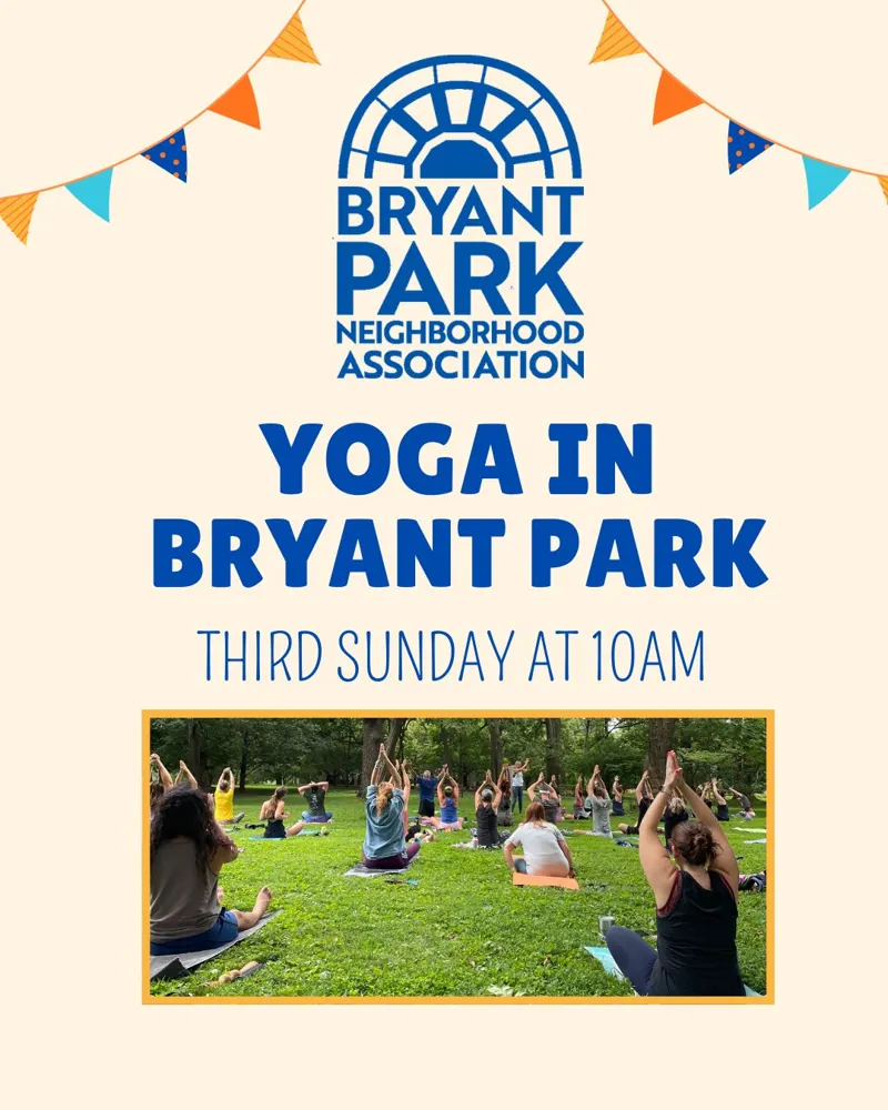 Flyer for Yoga in Bryant Park — Sunday, September 20, 2026, 10:00 AM at Bryant Park.
